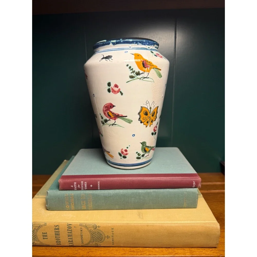 Vintage Italian Hand Painted‎ Bird Butterfly Vase Whimsical Cottagecore Italy